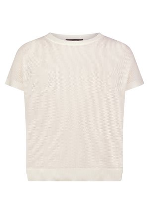 Hvid strikket top med korte ærmer, rund halsudskæring og et tekstureret netmønster gennem hele stoffet.