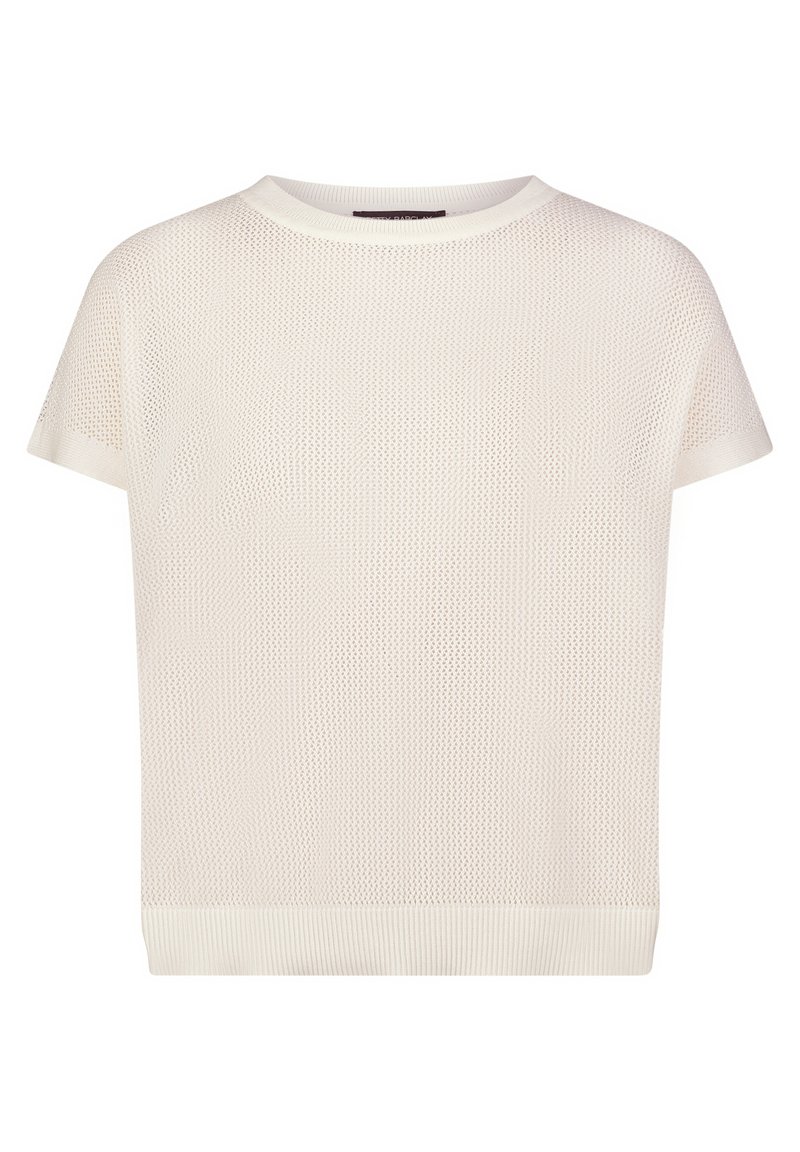 White short-sleeve knit top with a round neckline and a textured mesh pattern throughout the fabric.