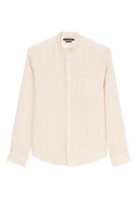 Camicione in lino beige a manica lunga con colletto alla cinese, bottoni anteriori e una piccola tasca sul petto.