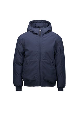 Marineblauwe winterjas met capuchon, voorrits, twee voorzakken, geribde manchetten en een zak op de linkermouw.