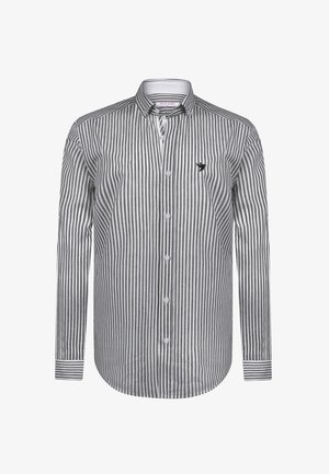 Camisa de manga larga a rayas con rayas verticales en gris y blanco, cierre de botones y un pequeño logo de un pájaro en el pecho. Material de mezcla de algodón.
