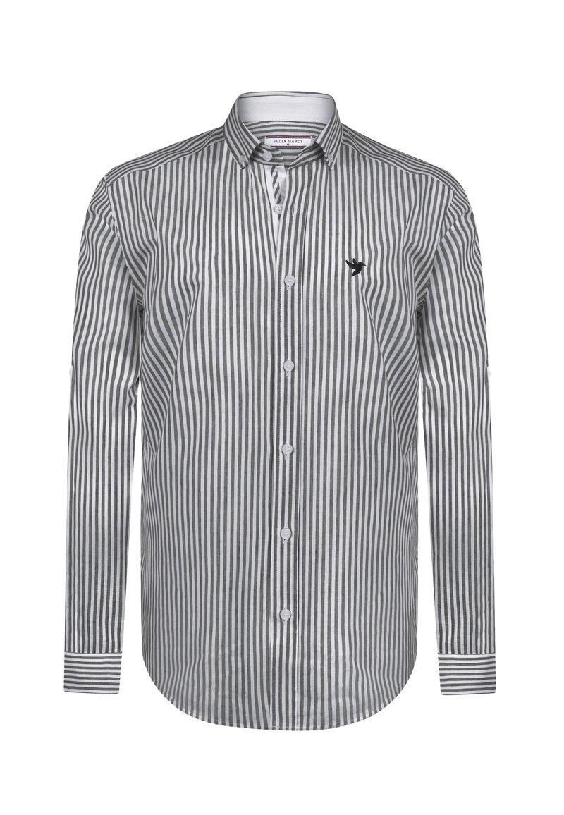Camisa de manga larga a rayas con rayas verticales en gris y blanco, cierre de botones y un pequeño logo de un pájaro en el pecho. Material de mezcla de algodón.