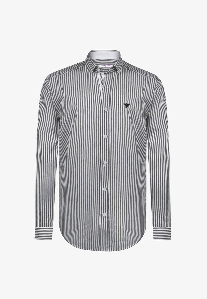 Stribet langærmet skjorte med lodrette grå og hvide striber, knaplukning og et lille fuglelogo på brystet. Materialet er en blanding af bomuld.