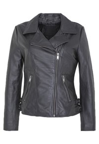 Svart lädermotorcykeljacka med indragen krage, asymmetrisk dragkedja och tre dragkedjefickor. Har sidobuckles som accent.