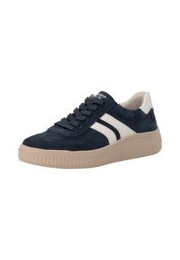 Baskets bleu foncé avec des rayures blanches et une semelle beige, design à lacets, col de talon blanc rembourré, matériau en daim.
