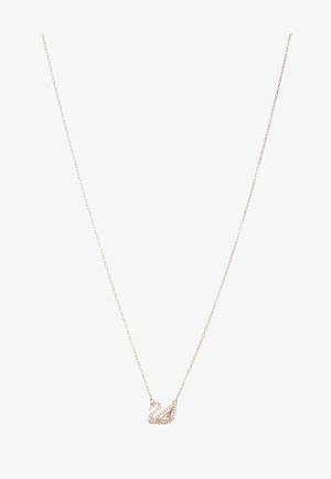 Zarte Goldkette mit kleinem, schwanenförmigem Anhänger, verziert mit klaren und rosa Edelsteinen.