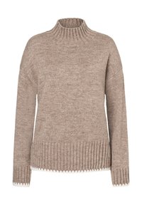 Beige gestrickter Pullover mit hohem Rippkragen, überschnittenen Schultern und einem gerippten Saum. Verfügt über eine dezente Akzentstickerei entlang des Saums.