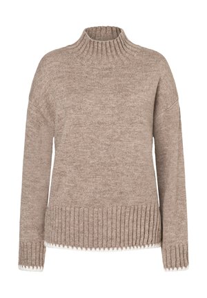 Pull en maille beige avec un col haut à côtes, des épaules tombantes et un ourlet côtelé. Présente une légère couture de finition le long du bas.