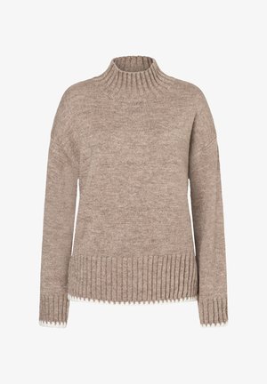 Pull en maille beige avec un col haut à côtes, des épaules tombantes et un ourlet côtelé. Présente une légère couture de finition le long du bas.