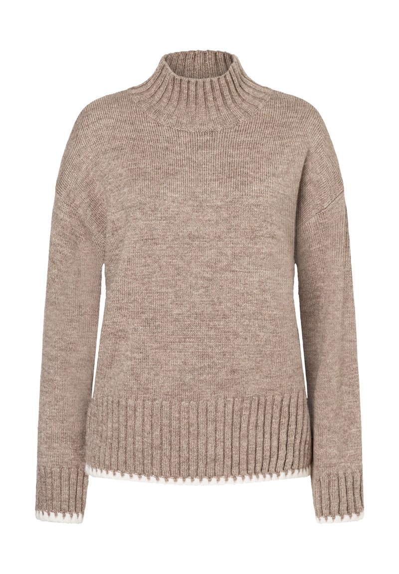 Beige gestrickter Pullover mit hohem Rippkragen, überschnittenen Schultern und einem gerippten Saum. Verfügt über eine dezente Akzentstickerei entlang des Saums.