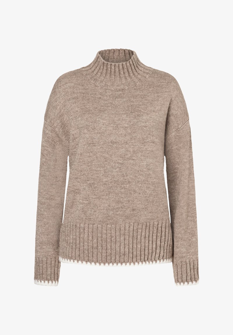 Beige gestrickter Pullover mit hohem Rippkragen, überschnittenen Schultern und einem gerippten Saum. Verfügt über eine dezente Akzentstickerei entlang des Saums.