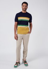Suéter de manga corta en color azul marino con rayas horizontales en amarillo, verde y crema, combinado con pantalones beige y zapatillas multicolor.