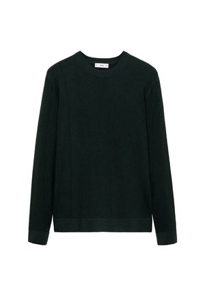 Tummanvihreä ribbipaita, pitkät hihat, pyöreä pääntie, teksturoitu kangas ja viimeistelty helma. Yksinkertainen, minimalistinen muotoilu.