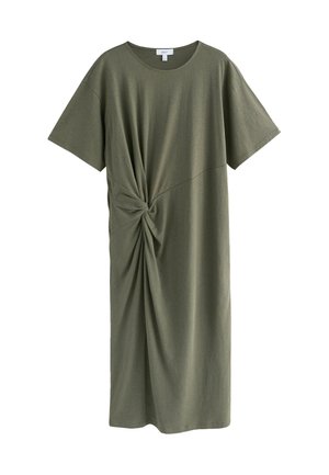 Olive green t-shirt dress with short sleeves, featuring a knotted detail on the side and a relaxed fit, made from soft fabric.