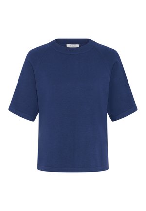 Haut tricoté à col ras du cou, à manches courtes, de couleur bleu marine uni, avec une coupe décontractée et un col côtelé, présenté sur un fond blanc.