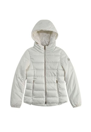 Giacca imbottita bianca con cappuccio, zip frontale e due tasche laterali con cerniera, maniche lunghe e cuciture trapuntate sul corpo.
