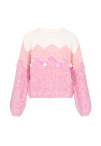 Rosa Pullover mit einem weißen Zickzackmuster an der Spitze, der eine flauschige Textur und runde Pailletten am unteren Rand hat.