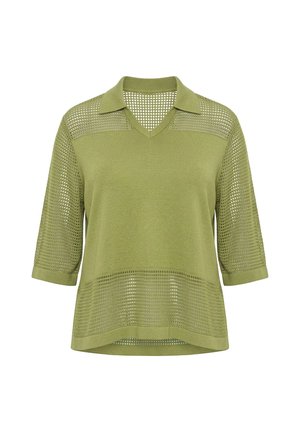 Ulla Popken, OPENWORK STRIPE COLLARED 3/4 SLEEVE SWEATER - Striktrøje - pistachio