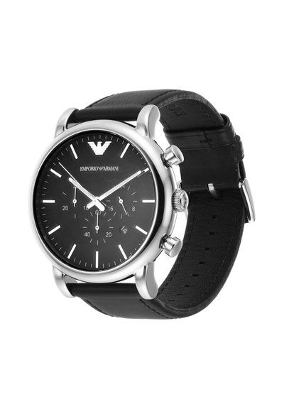 Orologio in acciaio inossidabile argento con quadrante nero, indicatori delle ore bianchi e cinturino in pelle nera. Presenta sub-quadranti cronografici e una finestra per la data.