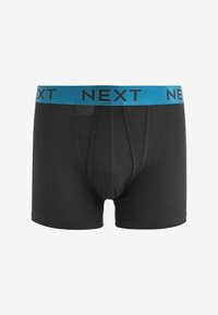 Fekete boxer alsónadrág kék derékszíjjal, melyen fekete betűkkel az "NEXT" felirat látható, sima, rugalmas anyagból készült.