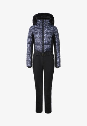 Padded ski suit in a black and gray abstract pattern, featuring a fur-lined hood, zippered pockets, and a cinched waist with a belt.