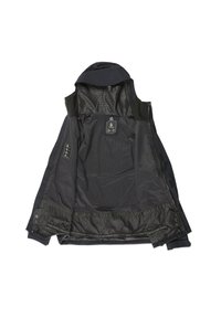 Schwarze Jacke mit Kapuze, mit glatter Außenseite und Mesh-Futter. Auffälliges Branding und verstellbarer Saum mit Druckknöpfen am unteren Ende.