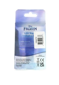 Emballage de montre LED Disney Frozen avec un fond dégradé bleu, présentant le logo, les détails du produit, le code-barres et les informations de fabrication.