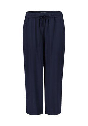 Navyblauwe cropped broek gemaakt van zachte, ademende stof. Elastische tailleband met trekkoord. Eenvoudig ontwerp, zonder extra patronen of accenten.