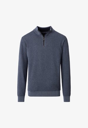 Pullover scuro navy con lavorazione a maglia testurizzata, mezza zip al collo e polsini e orlo a costine. Design semplice e funzionale.