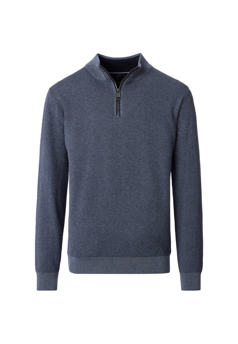Mörk marinblå tröja med texturerad stickning, halv dragkedja vid halsen och ribbade ärmslut och fåll. Enkel och funktionell design.
