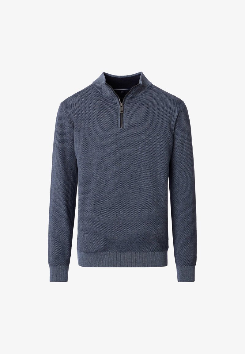 Mörk marinblå tröja med texturerad stickning, halv dragkedja vid halsen och ribbade ärmslut och fåll. Enkel och funktionell design.