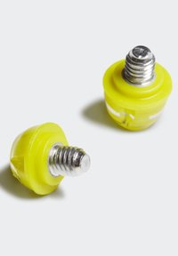 Due viti di plastica gialla con filetti in metallo argentato e una superficie texturizzata, caratterizzate da una forma arrotondata e scanalature visibili per una buona presa.