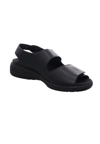 Black leather sandal with an open toe, adjustable strap, and cushioned sole. Features a simple design and minimal hardware.