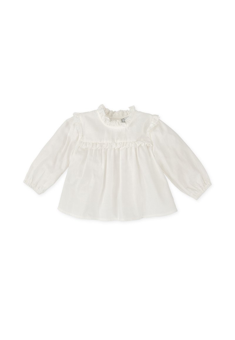 Blusa blanca de manga larga hecha de tejido ligero, con un escote con volantes, cuerpo fruncido y puños elásticos.