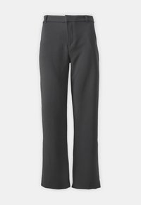 Dark grey trousers with a straight-leg design, featuring a smooth texture, belt loops, and a front opening with pockets.
