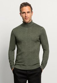 Grüner Rollkragenpullover aus weichem Stoff; taillierte Passform mit langen Ärmeln, geripptem Kragen und Saum, minimale Textur, getragen mit schwarzen Hosen.