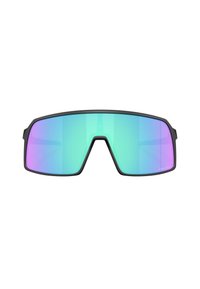 Schwarze Rahmen-Sonnenbrillen mit großen, reflektierenden Gläsern, die einen Farbverlauf von Blau zu Lila zeigen, entworfen für einen weiten Schutz und ein sportliches Aussehen.