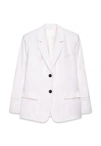 Valge linane bleizer, millel on sisselõigatud krae, kaks musta nuppu, küljetaskud ja pitsist ääred. Sile tekstuur ja elegantselt lõigatud disain.
