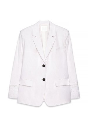 Blazer bianco in lino con revers a punta, due bottoni neri, tasche laterali e polsini rifiniti con pizzo. Texture liscia e design sartoriale.