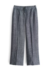 Pantalon en lin gris pour homme avec taille élastique et cordon de serrage, coupe droite et poches latérales.