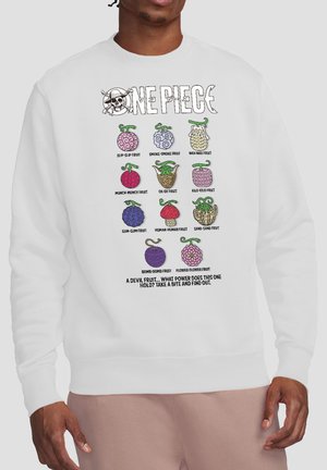 Person, die einen weißen Pullover mit bunten One Piece Teufelsfrucht-Illustrationen und Namen trägt, die auf der Vorderseite in einem Raster angeordnet sind.