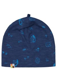 Berretto di lana blu navy con illustrazioni di animali e piante azzurro chiaro, dotato di un piccolo etichetta multicolore sul bordo. Texture liscia.