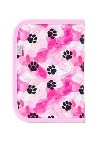Pink pet-themed case featuring a wave pattern with black paw prints. Made of fabric with a textured surface and a contrasting pink trim.