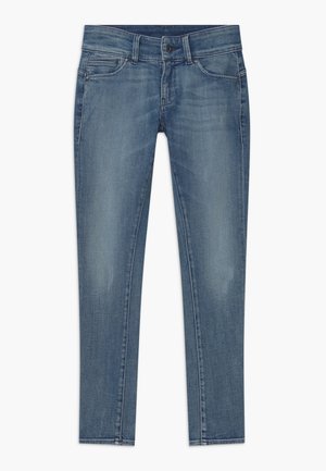 Modré džíny z denimu s rovnou nohavicí, obsahující pět kapes, vybledlý vzhled a jemné detaily šití.