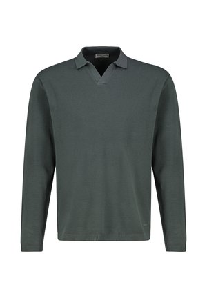 Grüner Langarm-Polo-Pullover mit V-Ausschnitt, strukturiertem Strickmuster und gerippten Bündchen und Saum. Schlichtes Design ohne Verzierungen.
