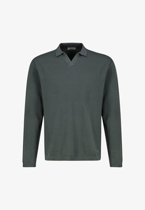 Grüner Langarm-Polo-Pullover mit V-Ausschnitt, strukturiertem Strickmuster und gerippten Bündchen und Saum. Schlichtes Design ohne Verzierungen.