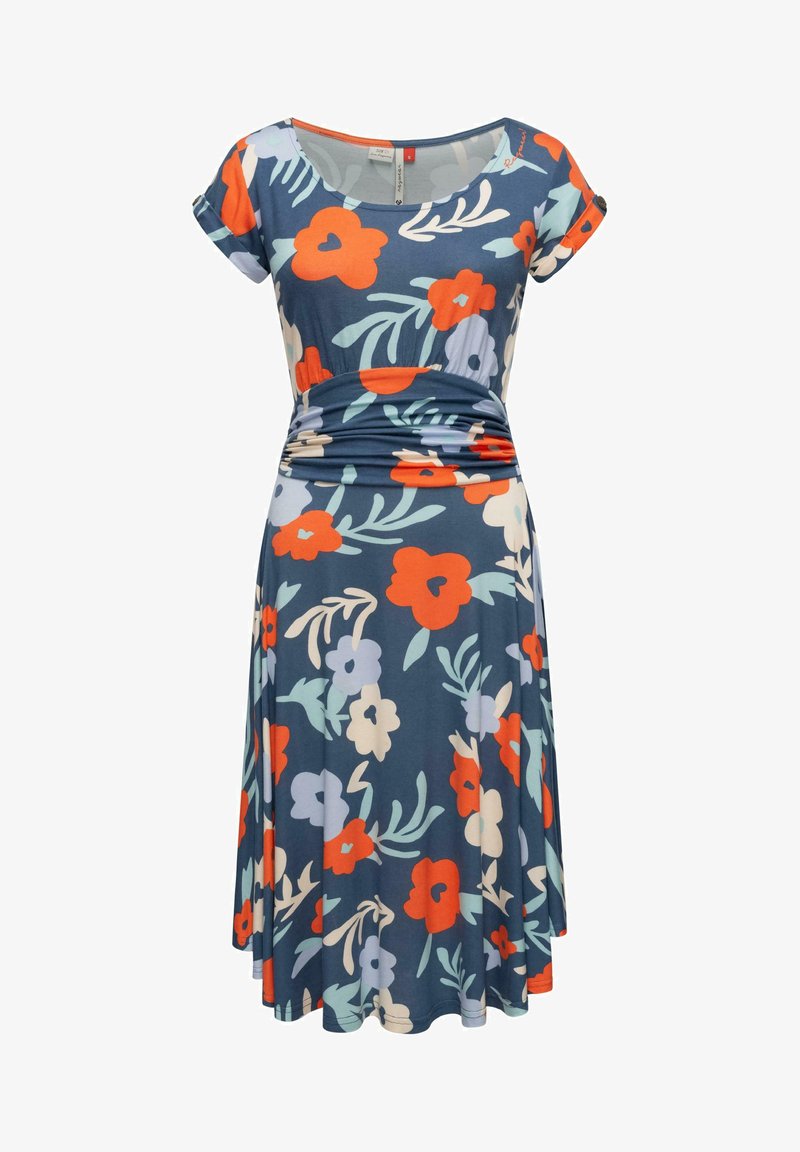 Kwiatowa sukienka w niebieskim materiale z czerwonymi, pomarańczowymi i pastelowymi kwiatami. Krótkie rękawy, okrągły dekolt oraz marszczona talia.