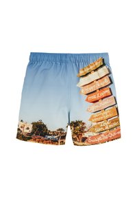 Modré plavky so širokým pásom s fotografickým potlačou palmových stromov a smerovníkmi s rôznymi textami, predvádzajúce plážovú tématiku.