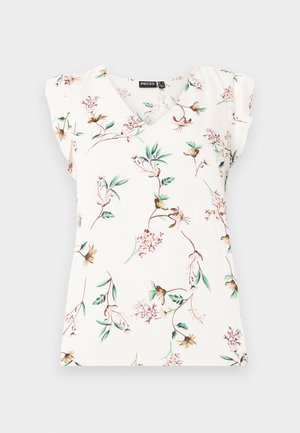 Blouse florale en tissu crème clair ; avec un décolleté en V, des manches courtes à volants et un imprimé botanique délicat avec des accents verts et roses.