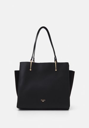 Czarna torebka typu tote ze strukturalnego materiału z dwoma długimi uchwytami i złotymi elementami, z logo "Dune" na środku z przodu.